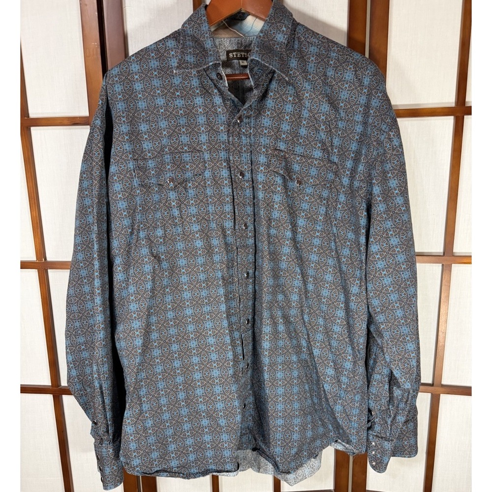 Stetson Men's Pearl Snap Long Sleeve Collared Button Down XL Turquoise Brown Geo